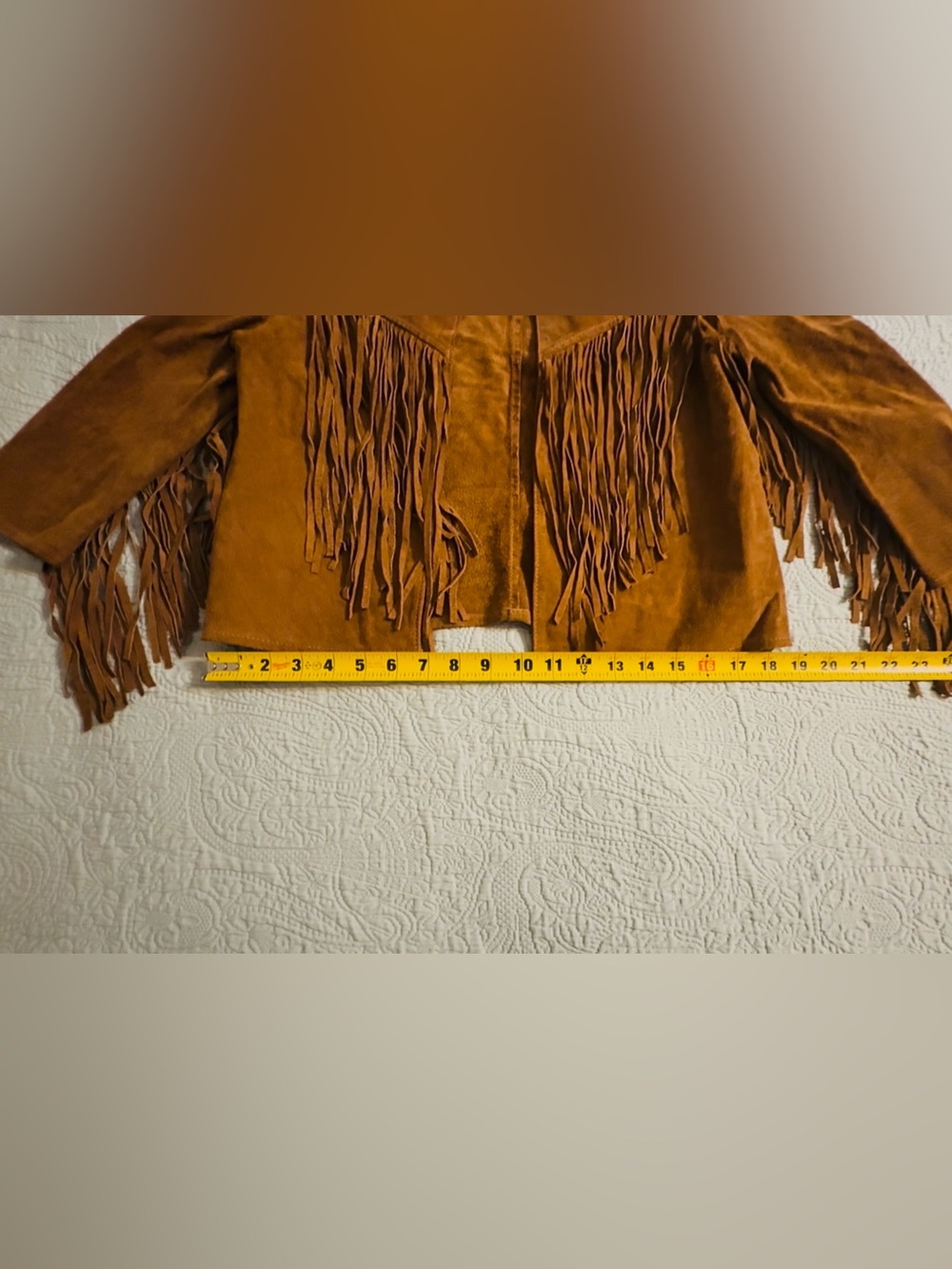 Suede tan jacket, with tassels on sleeves/back, fits sm/med, used - Picture 6 of 7